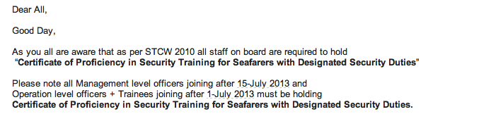 Certificate of Proficiency in Security Training for Seafarers with Designated Security Duties