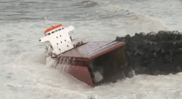 Shocking Video: Ship Breaks Into Half After Hitting Sea Wall
