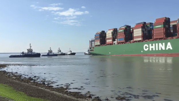Watch: Ultra Large CSCL Jupiter Boxship Stuck off Antwerp