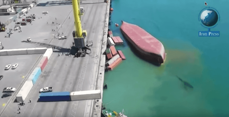 Watch: Ship With 153 Containers Capsizes at Port Of Bander Abbas, Iran