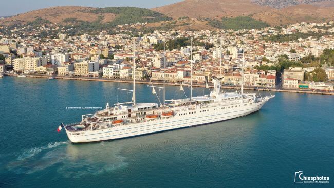 Impressive drone footage of the biggest sailing ship of the world, Club Med 2 at Chios port Greece.