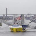 Three Neo-Panamax cranes arrive at the Port of Savannah aboard the BigLift Barentsz on Tuesday, March 10, 2020. When fully assembled, the cranes will stand 295 tall, with booms reaching 22 containers across. (Georgia Ports Authority/Emily Goldman)