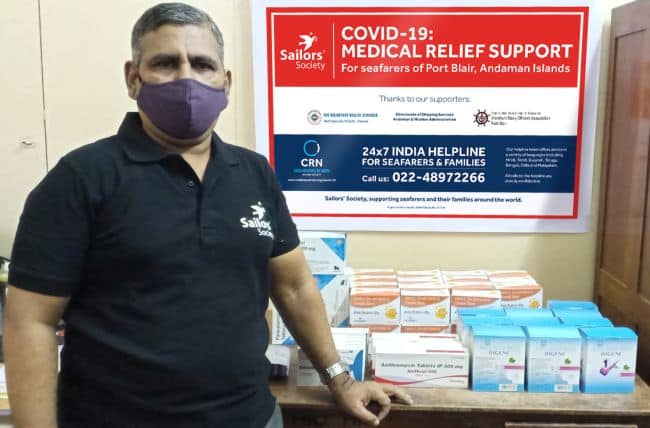 Manoj Joy, Sailors' Society's Community Development Manager, with some of the medicine being sent to the seafarers in Port Blair