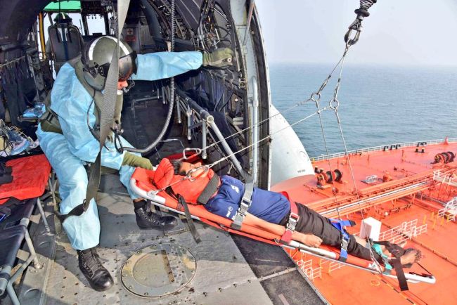 IndianNavy Seaking helicopter responding to a medical emergency by a Singaporean merchant ship MV Eagle Tampa
