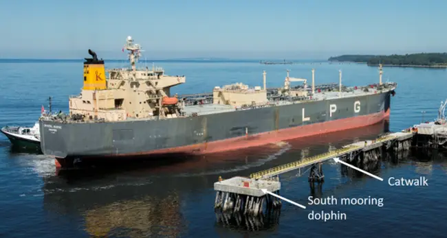 a tanker of similar size to the Levant, is seen docking starboard side to the Petrogas Wharf in Ferndale