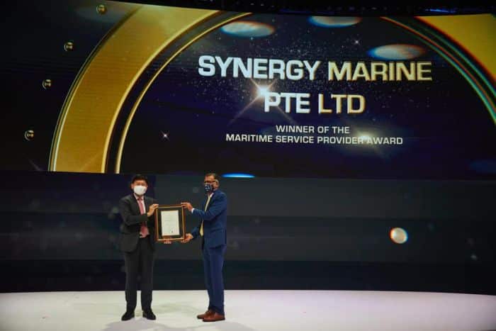Sanjeev Namath, Director, Synergy Marine, collects the ‘Maritime Service Provider Award 2021’ at the Singapore International Maritime Awards