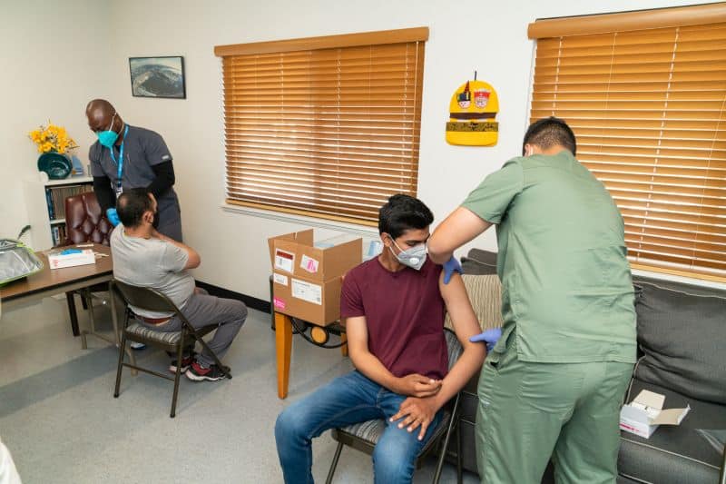 More than two dozen crew members of the Algoma Victory traveled to the International Seafarers Center in the Port of Long Beach to receive the Johnson & Johnson COVID-19 vaccine on May 25, 2021.