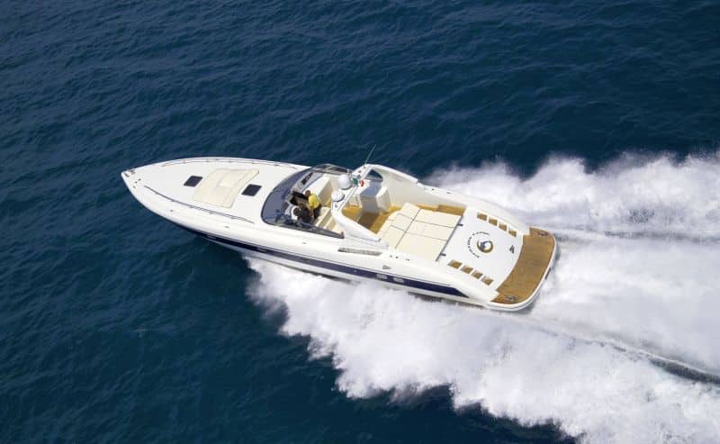 Italy, Tuscany, Viareggio, Tecnomar Madras 20 luxury yacht (20 meters), aerial view