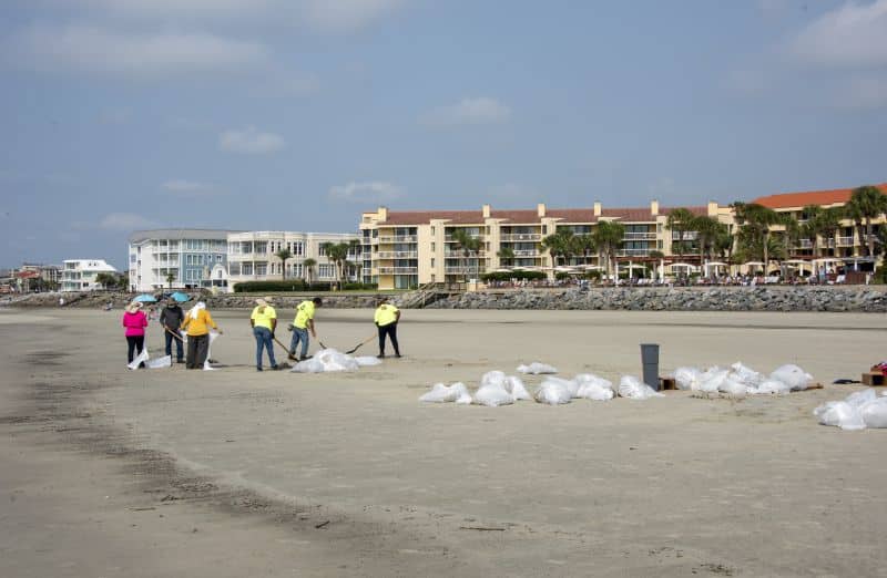 A shoreline clean-up team fills bags of oiled sand to be removed from the beach near Massengale Park on Monday