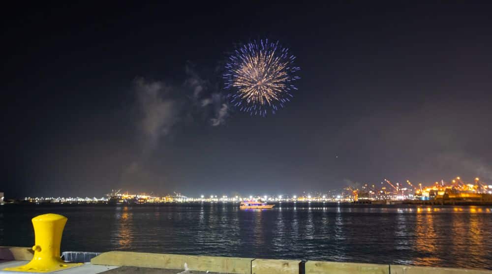 Fireworks light up the night sky above LBCT. Long Beach Container Terminal Completion Celebration on Friday, Aug. 20, 2021, held at LBCT at Middle Harbor.