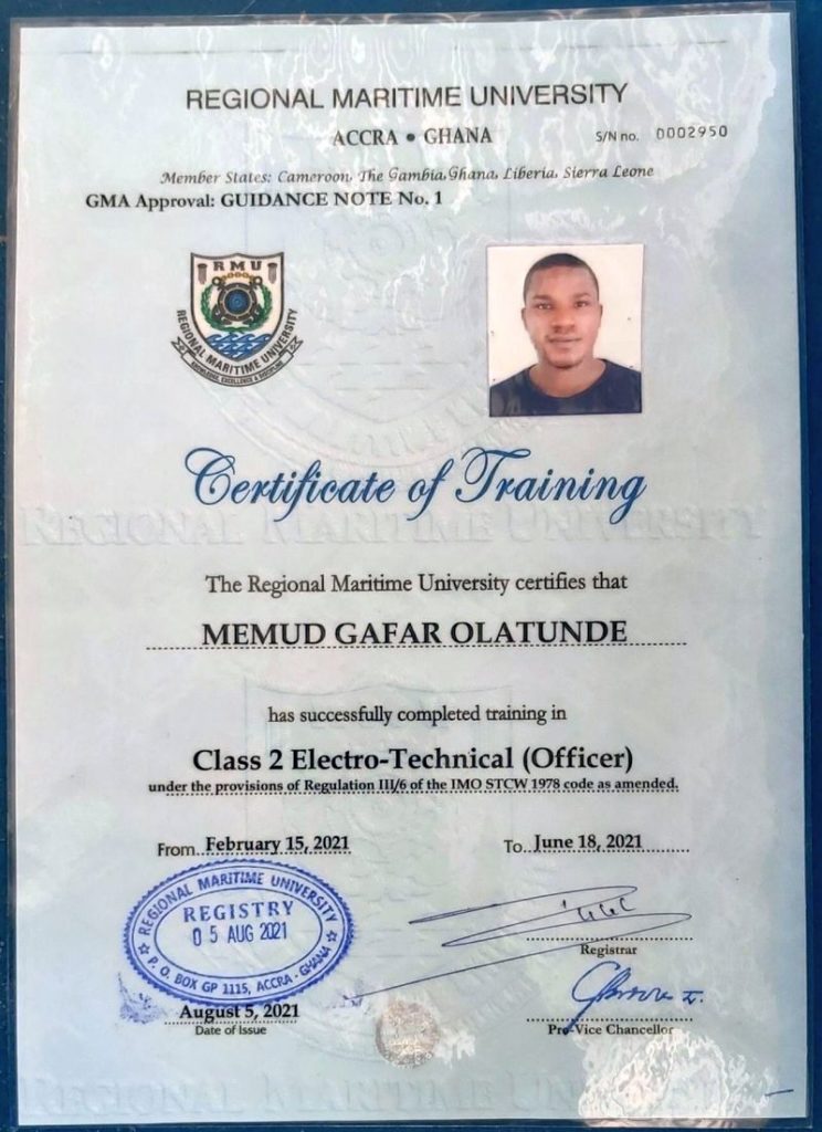 Gafar Olatunde training certificate