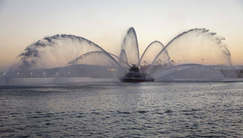 One of the Port of Long BeachÕs fireboats puts on a celebratory display. Long Beach Container Terminal Completion Celebration on Friday, Aug. 20, 2021, held at LBCT at Middle Harbor.