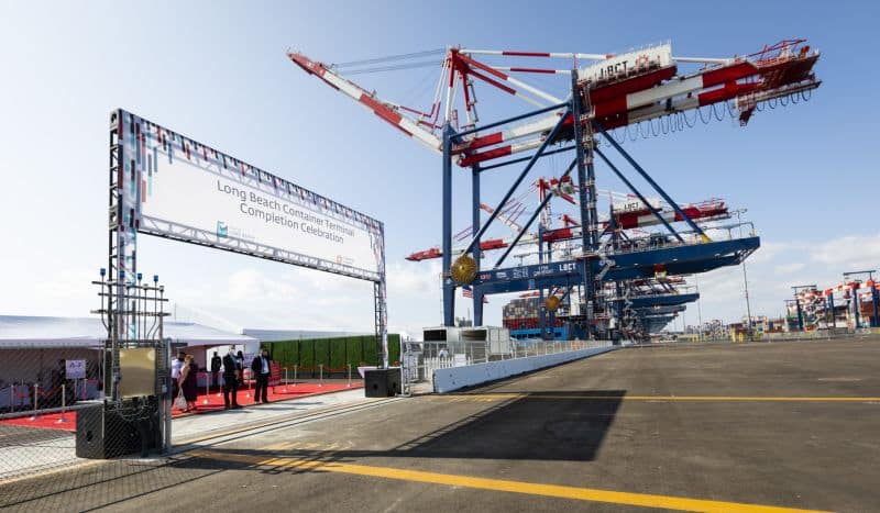 Ship-to-shore cranes dominate the wharf at LBCT. Long Beach Container Terminal Completion Celebration on Friday, Aug. 20, 2021, held at LBCT at Middle Harbor.
