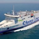 Stena Scandica sailing through its sea trials - side view with the giant branding of "Stena Line"