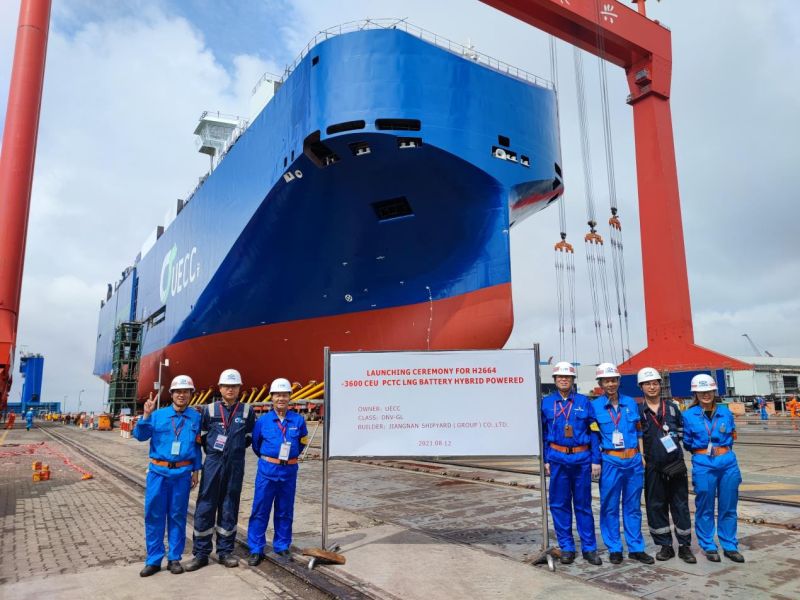 The second of UECC’s newbuild LNG battery PCTCs on the water after being launched this week at Jiangnan Shipyard
