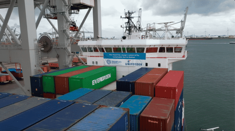 The shortsea container ship Elbsummer is bunkered with biofuel and MGO in the Port of Rotterdam.