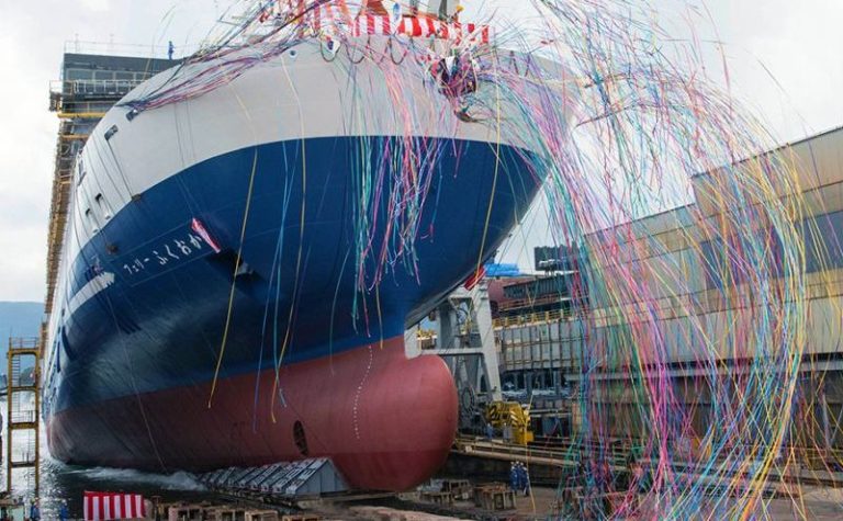 Mitsubishi Shipbuilding Holds Christening And Launch Ceremony For Second Of 2 Large Ferries