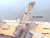 NTSB released Tuesday Marine Accident Brief 21/20 detailing its investigation into the contact of a bulk carrier’s crane with a grain facility in Convent, Louisiana on Nov. 11, 2020. This CCTV still image shows the GH Storm Cat’s crane during the initial sequence of the accident list—lifting the payloader out of ship’s no. 1 cargo hold. Marine Accident Brief 21/20 is available at go.usa.gov/xMsyP. (Photo courtesy of ZGC. Annotated by NTSB.)