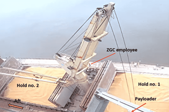 NTSB released Tuesday Marine Accident Brief 21/20 detailing its investigation into the contact of a bulk carrier’s crane with a grain facility in Convent, Louisiana on Nov. 11, 2020. This CCTV still image shows the GH Storm Cat’s crane during the initial sequence of the accident list—lifting the payloader out of ship’s no. 1 cargo hold. Marine Accident Brief 21/20 is available at go.usa.gov/xMsyP. (Photo courtesy of ZGC. Annotated by NTSB.)