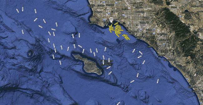 Figure 5 - Vessels anchored off LB-LA (yellow) and vessels drifting off LB-LA (white) on 25th October 2021