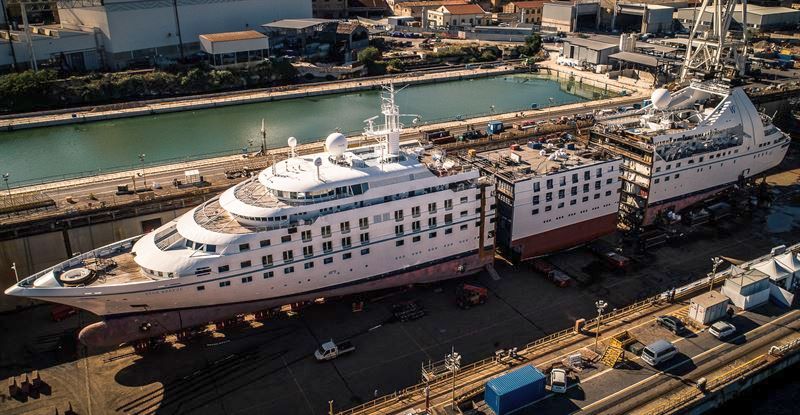 One of the vessels, Star Breeze, undergoing renovation in Palermo, with a new 25.6 metre (84 feet) section being added in the middle. Photo courtesy of Fincantieri