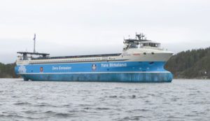 The Yara Birkeland, the world’s first fully electric and autonomous container ship, powered by Leclanche batteries (PRNewsfoto/Leclanché)