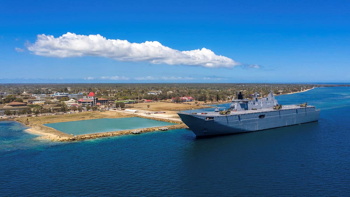 HMAS Adelaide has unloaded over 250 pallets of essential relief in Tonga