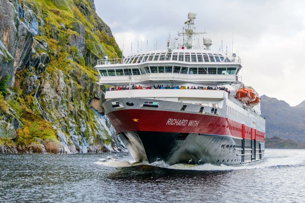 A photo taken from the sea eagle safari boat as MS Richard With travels up the fjord.