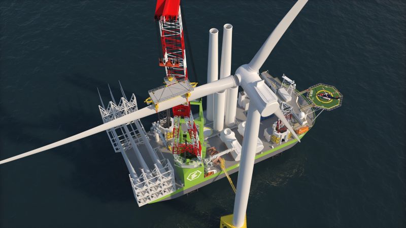 Next-generation offshore wind turbine installation vessel from above – Image credit Eneti inc
