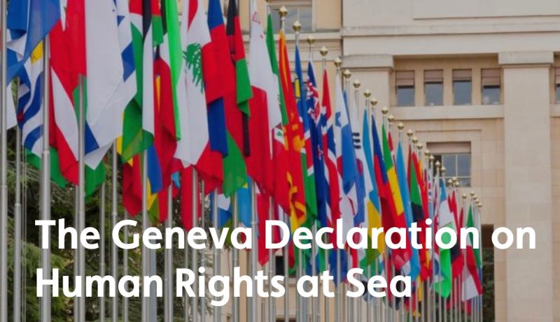 Geneva Declaration on Human Rights at Sea poster with flags of nations
