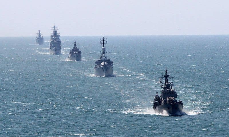 Bulgarian and NATO navi ships take part during Bulgarian-NATO military navy exercise in the Black sea, east of the Bulgarian capital Sofia, Friday, July, 10, 2015. The naval base in Varna hosts naval exercise with international participation Breeze 2015, between July 3 and 12 in the territorial waters of Bulgaria. More than 30 ships and 1700 troops from the navies of Bulgaria, Greece, Romania, Turkey and the USA participate in the exercise. Among the participating vessels there are three frigates from the Standing NATO Maritime Group 1 (SNMG1) and four ships from the Standing NATO Mine Countermeasures Group 2 (SNMCMG2). The Bulgarian Navy participates with fifteen warships, auxiliary ships and cutters, two helicopters and more than 1000 personnel. Furthermore, two air planes from the Bulgarian Air Force, troops from the Bulgarian Land Forces and an US patrol airc (Photo by NurPhoto/NurPhoto via Getty Images)