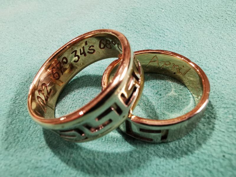 The couple’s rings have been engraved with the coordinates of Rothera Research Station – 67 34’ S 68 08’ W.