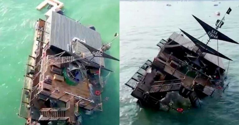 Watch: Pirate Ship Restaurant Tilts In Strong Wind In Pattaya