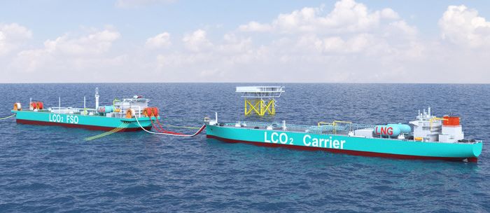 CG rendering shows offloading CO2 from LCO2 carrier to LCO2 FSO and injection unit.