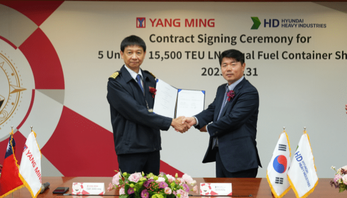 Yang Ming And HD Hyundai Heavy Industries Sign Contract For 5 New 15500 TEU LNG Dual Fuel Container Vessels