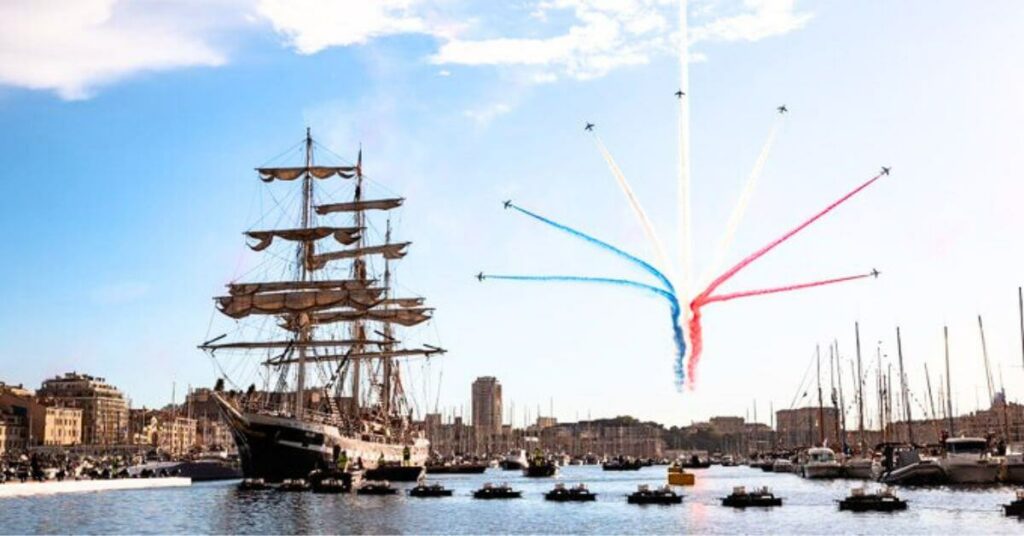 19th Century Sailing Ship Delivers Paris 2024 Olympic Flame To Marseille, France