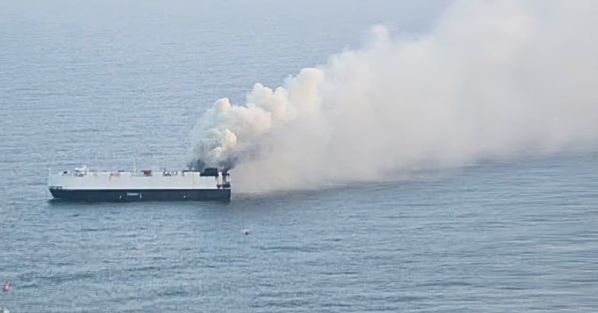 Burning cargo ship